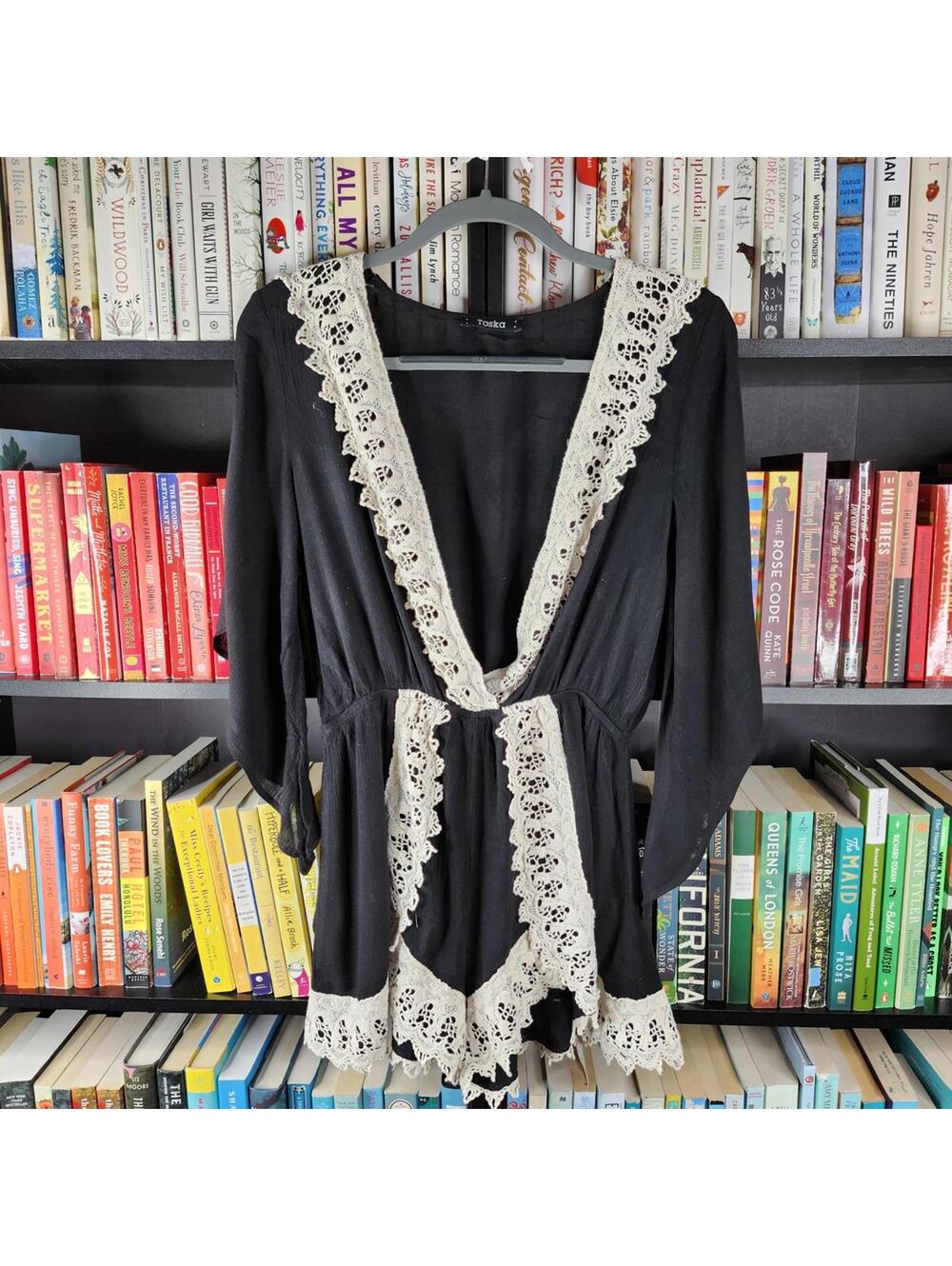 Toska Black Shorts Jumpsuit with Cream Lace Trim Long Sleeve Medium
